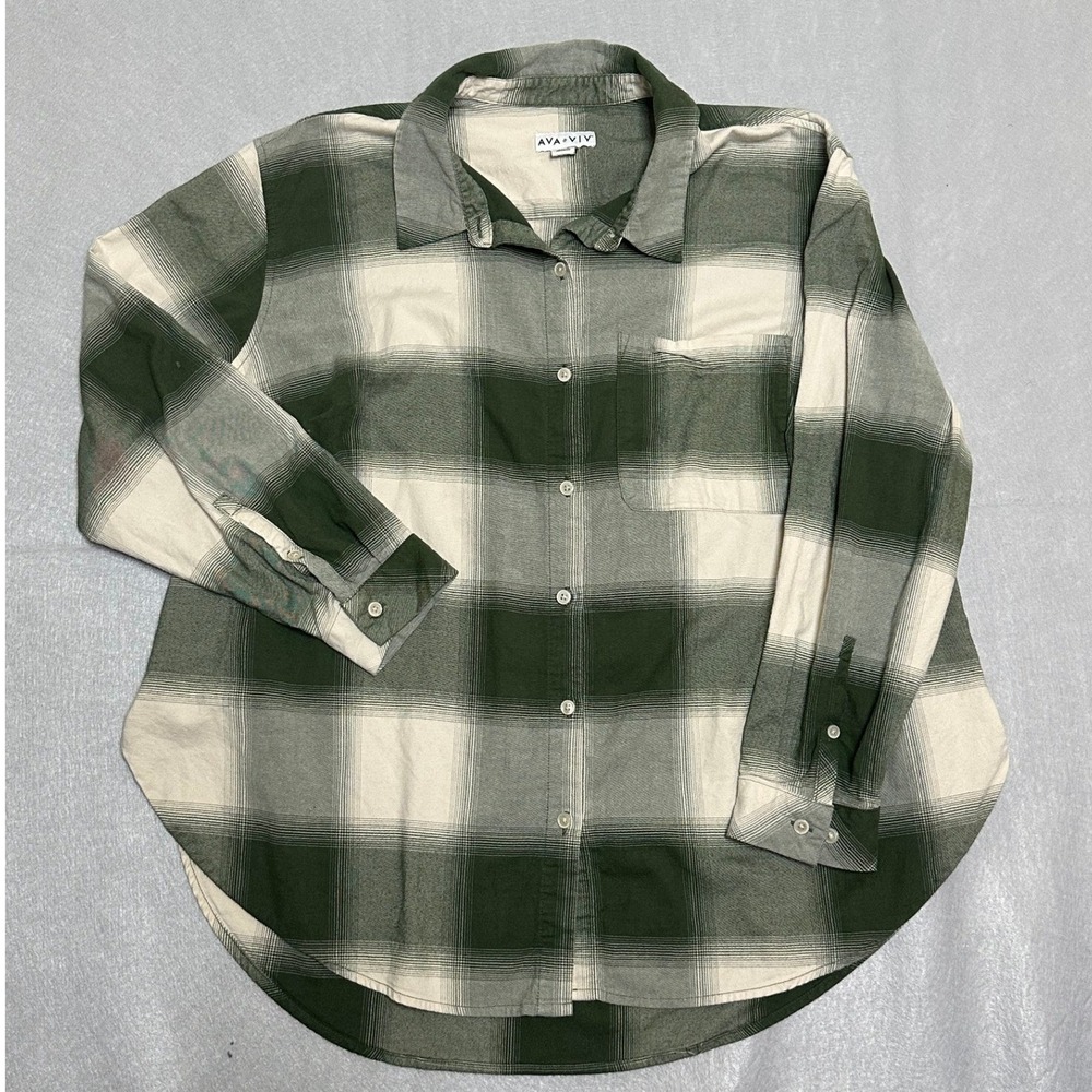 Ava & Viv Womens Button Down XXL Green Good Plaid Flannel Style Cabincore Casual